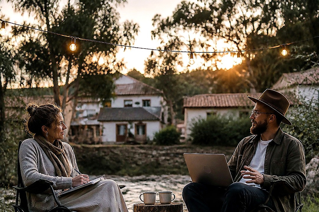 Two remote workers sit opposite each other with laptops in an outdoor woodland setting.