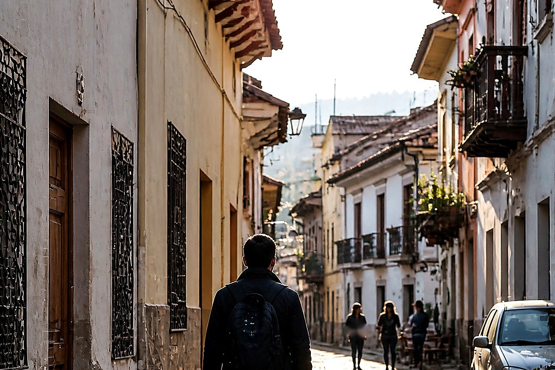 A solitary traveler walks down a sunlit European cobblestone street lined with bicycles, parked cars, and pedestrians.