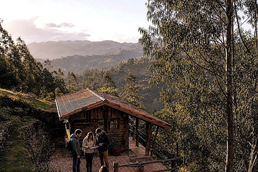 Rustic wooden cabin surrounded by dense hillside forest.